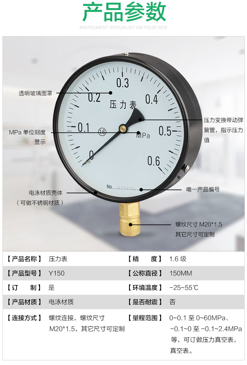 压力表y150 液压气压自来水压力表 负压表真空表 标准螺纹m20*1.5 -0.