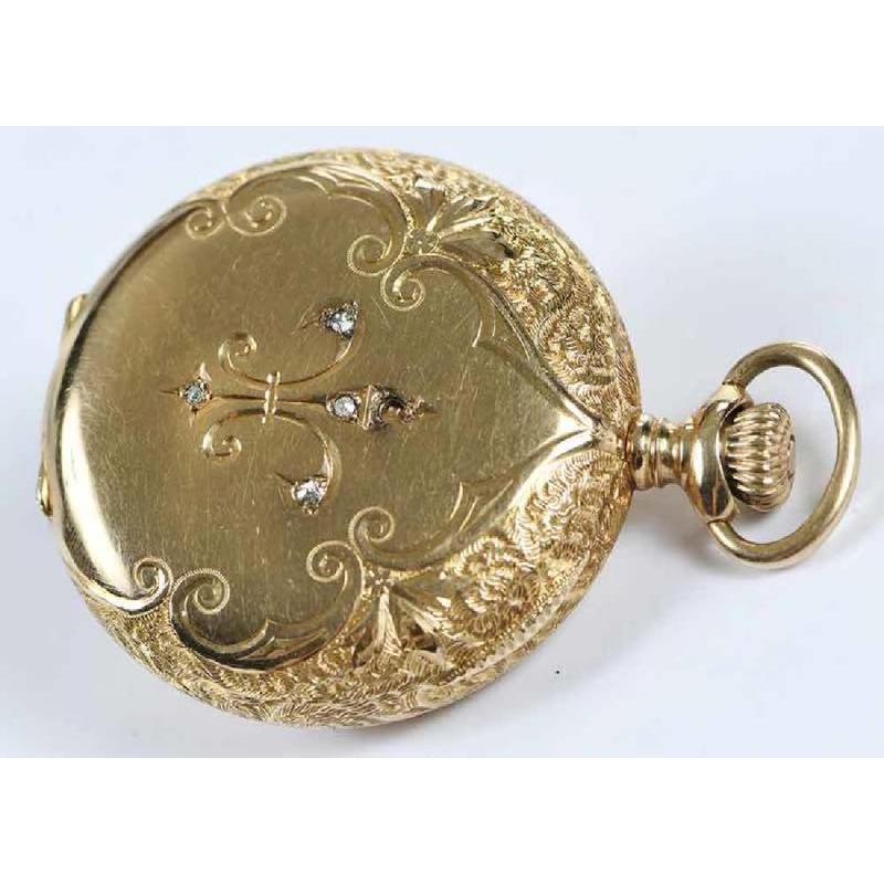 珠宝waltham怀表,34毫米表壳,表壳上镶嵌一颗圆形合成蓝星蓝宝石,五颗