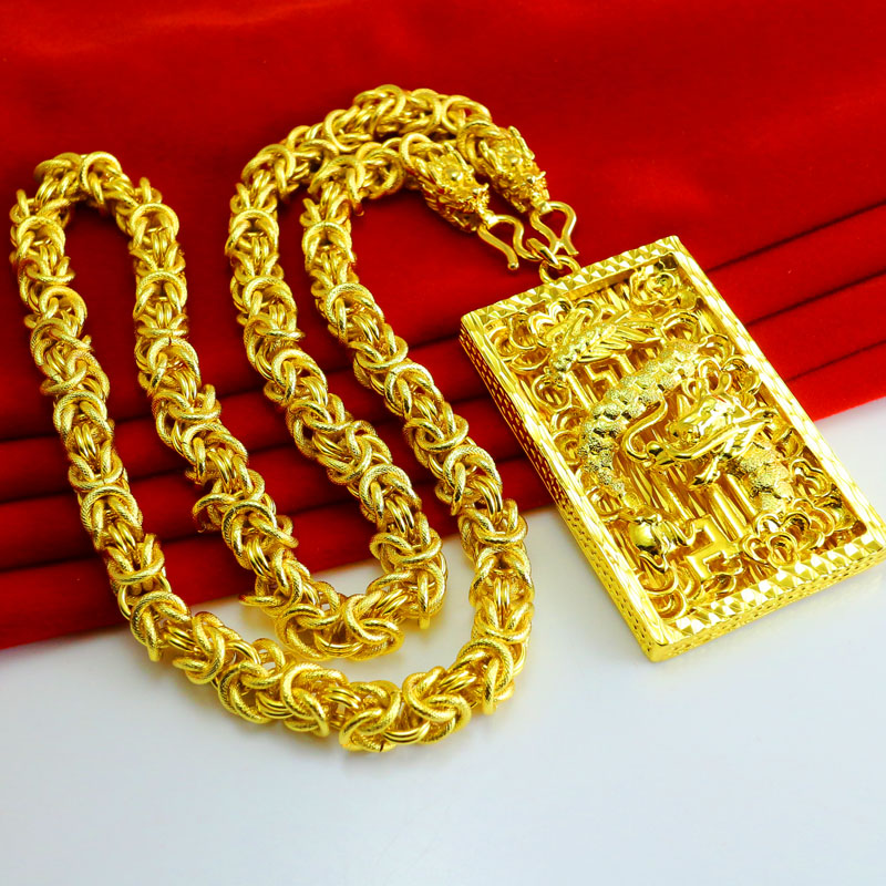 千影珠宝金店同款黄色金项链男士仿金项链男款粗大重龙牌长方形金首饰