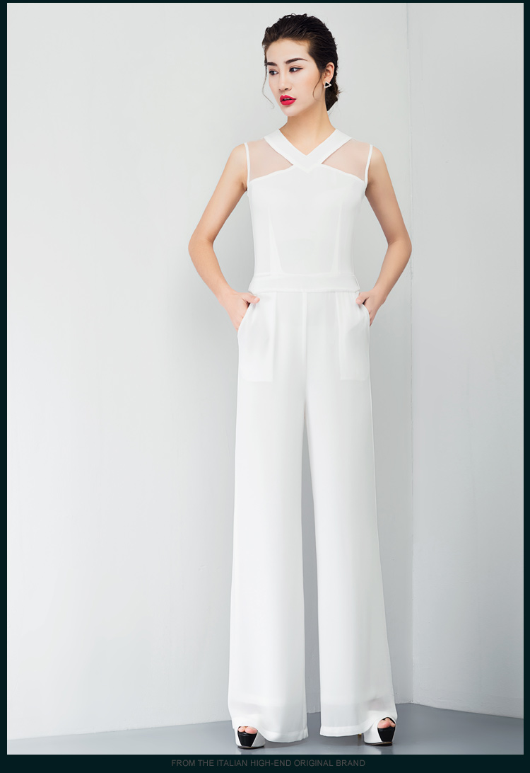 气质雪纺连体裤女夏长裤时尚无袖白色修身高腰阔腿裤女连衣裤 白色 s