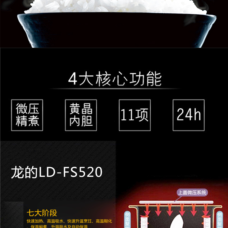 龙的（Longde）LD-FS520 智能釜电饭煲5L 黄晶不粘内胆电饭锅 煮饭煮粥