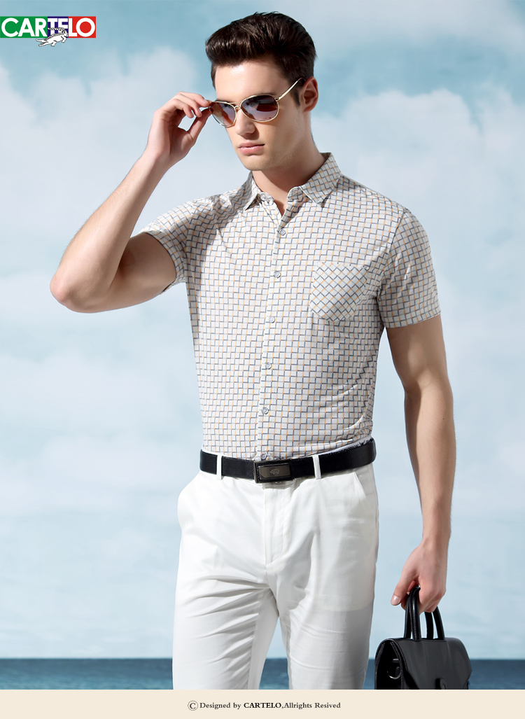 cartelo/卡帝乐鳄鱼2016夏商务中年方领短袖衬衫男士格子宽松衬衣