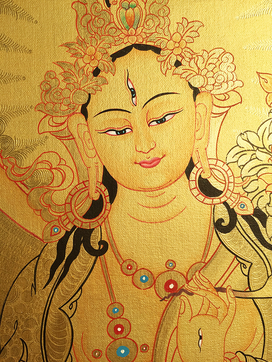 尼泊尔唐卡画师kumar lama作品纯金彩绘白度母多尊唐卡(编号595)