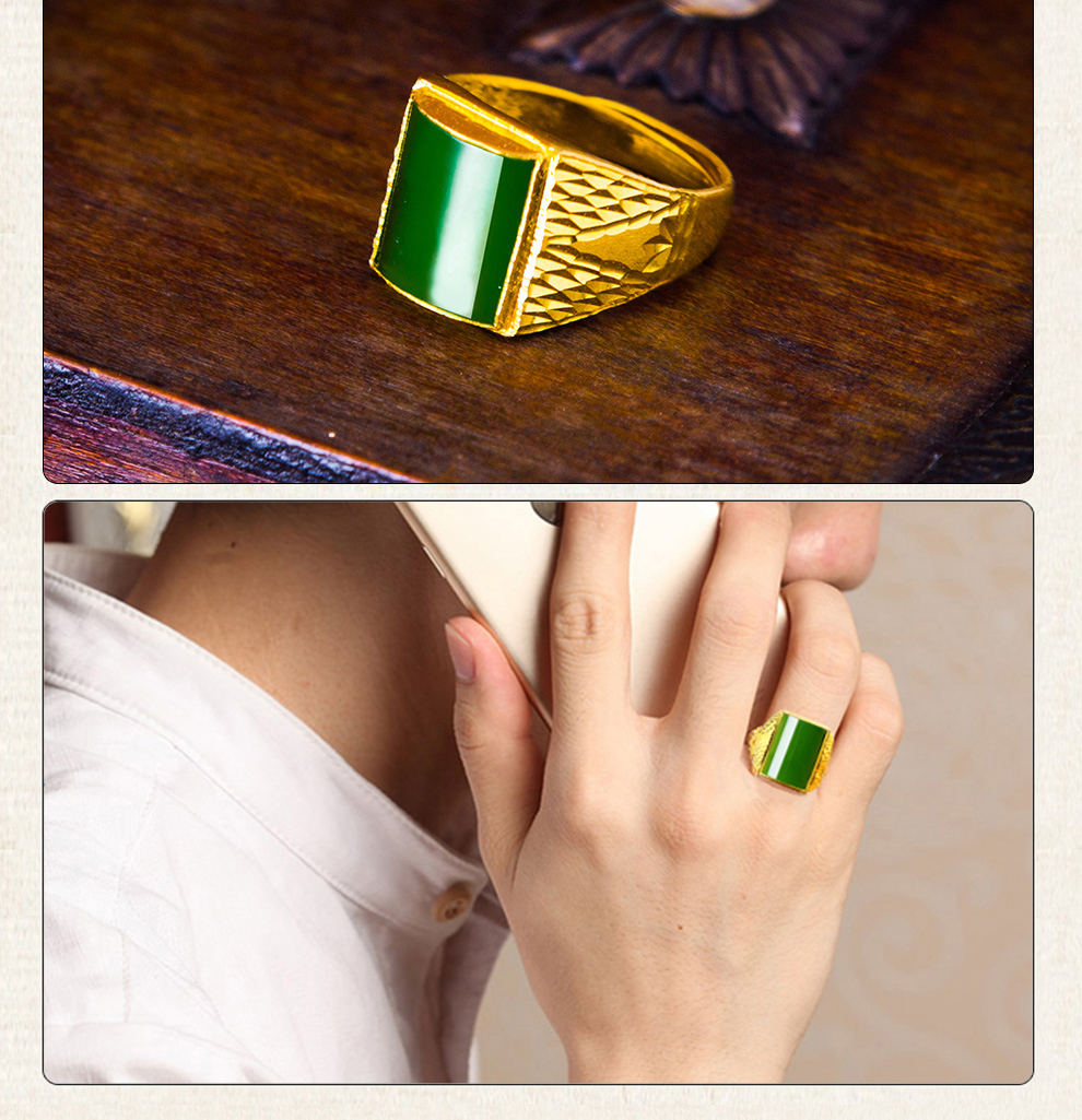 传世美钰金镶玉戒指和田玉碧玉戒指玉石戒指黄金足金戒指菠菜绿碧玉