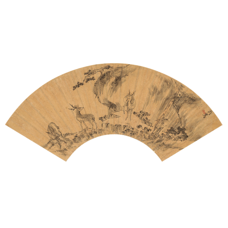 姿翰 超高清微喷装饰画 明代八大山人朱耷 四鹿图扇面 纸本 55x26 画