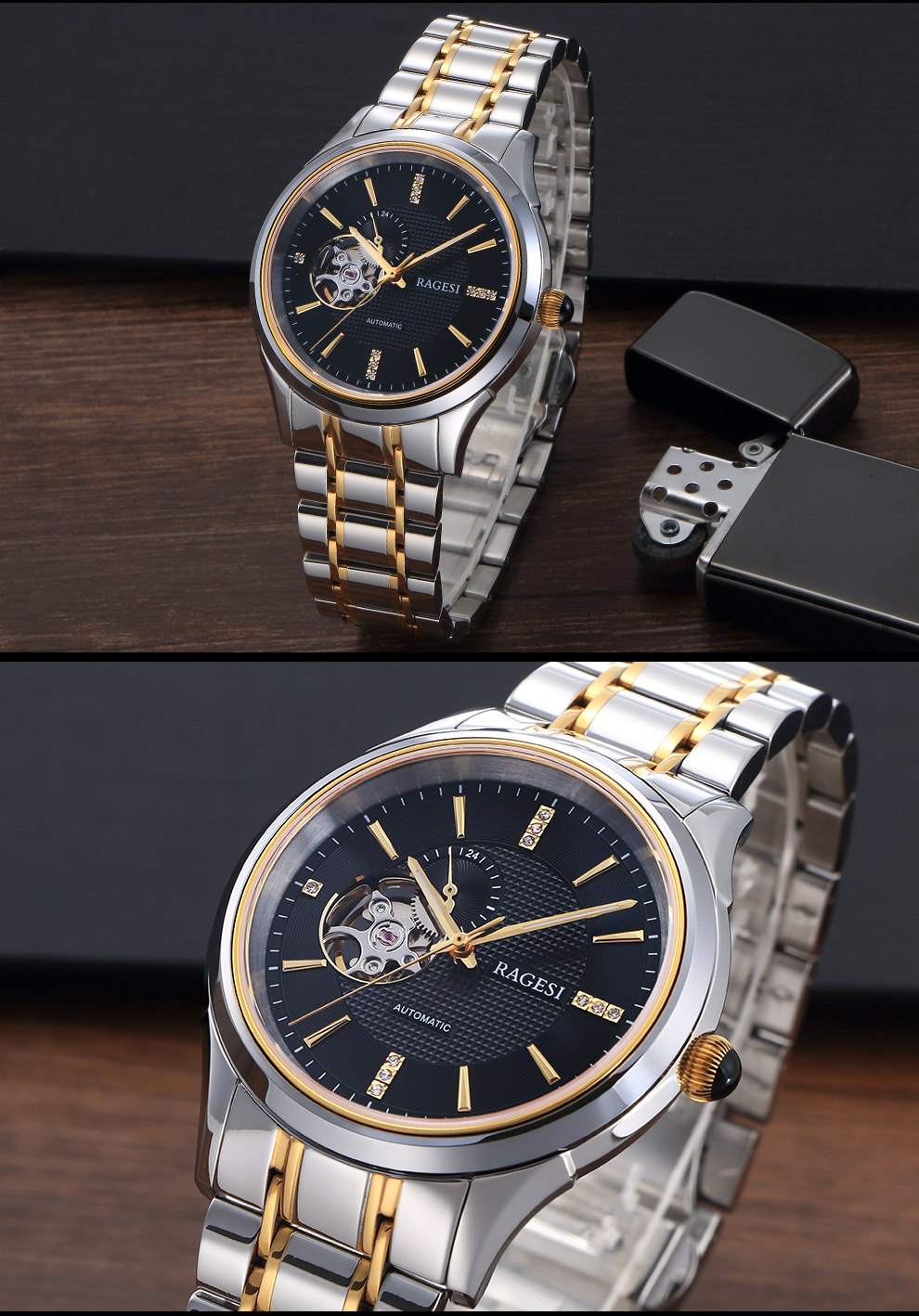 雷格诗ragesi手表男士全自动机械表商务镂空时尚防水男表精钢指针腕表