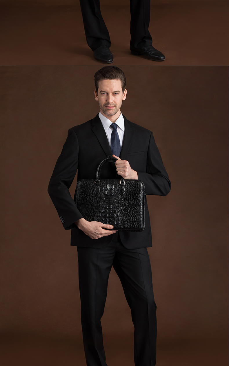 卢卡尼鳄鱼皮男士手提包真皮商务公文包鳄鱼背皮男包休闲电脑包 咖啡