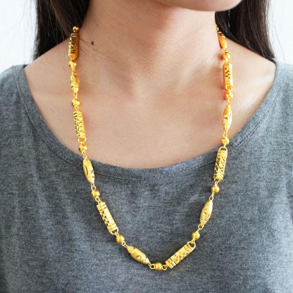 千影珠宝黄色金项链男士女款金链子粗款重大六角柱橄榄珠镀金饰品观音