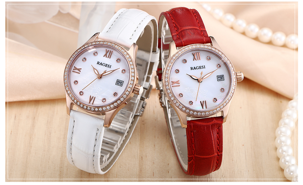 雷格诗(ragesi) 手表女士手表女表真皮时尚女式手表百搭蓝宝石镶钻
