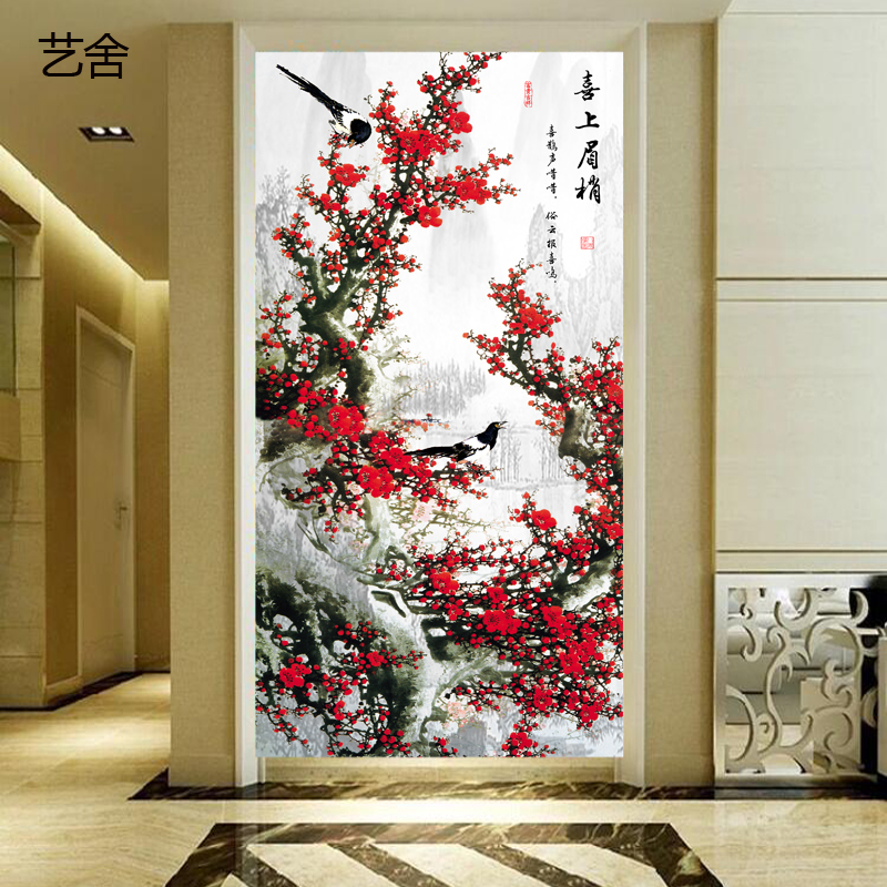 艺舍走廊无缝壁纸壁画玄关过道墙壁纸喜上眉梢红梅花鸟背景墙纸壁布