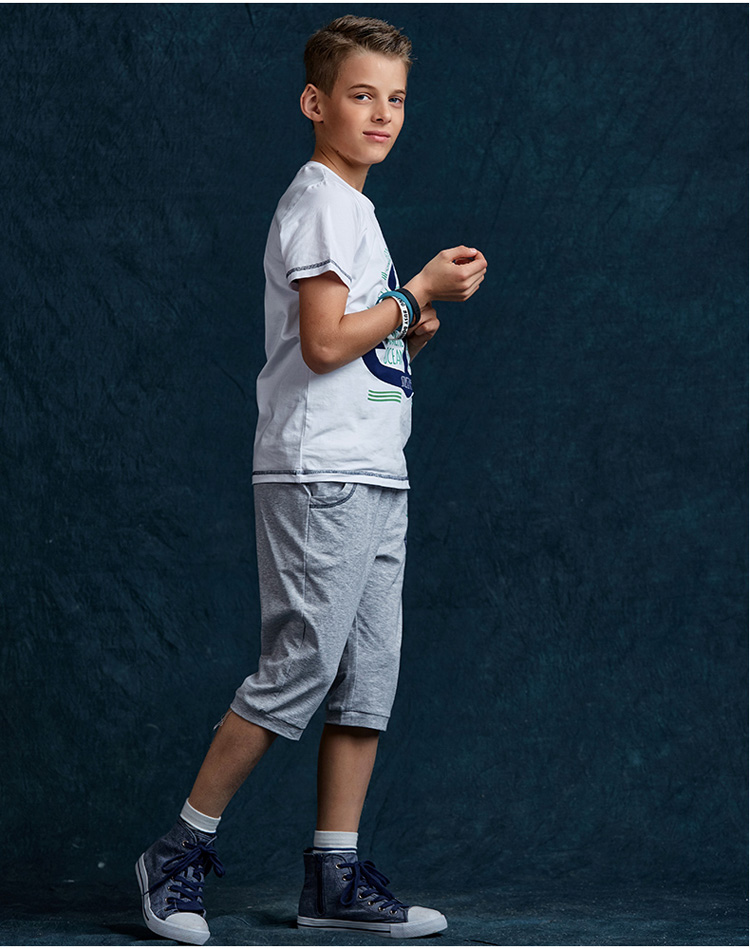 hoo男童套装纯棉 中大童运动服男孩短袖套装10-15岁儿童夏装2件套 深