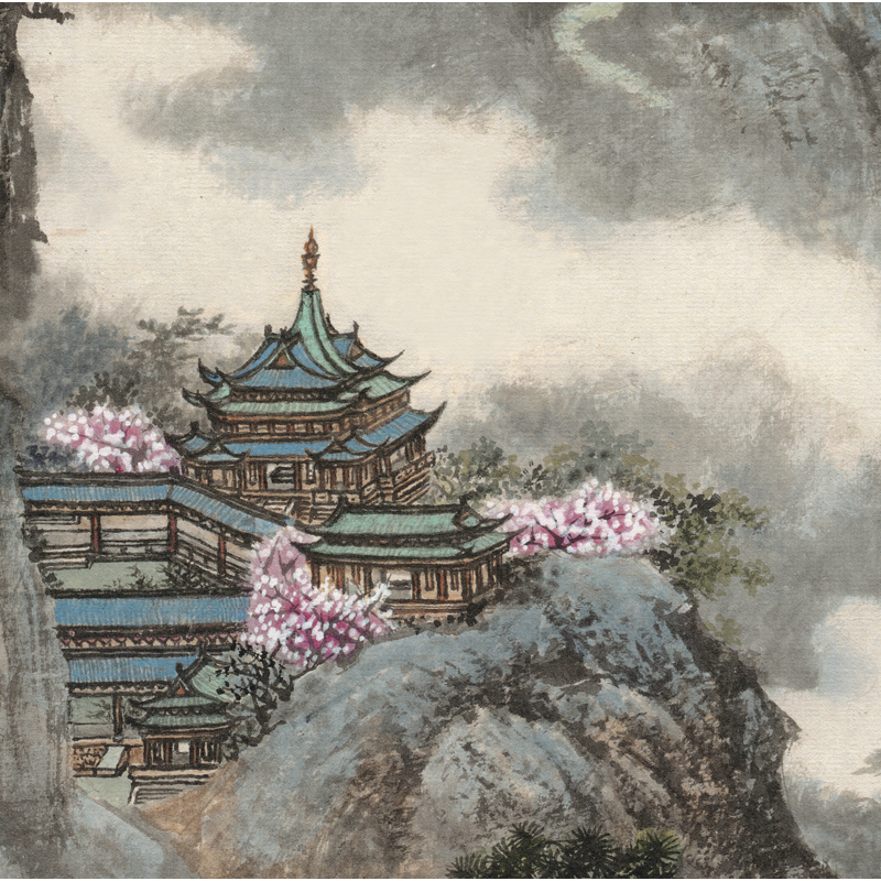 姿翰超高清微喷装饰画马起瓯云山楼阁图纸本写意工笔山水画102x50画芯