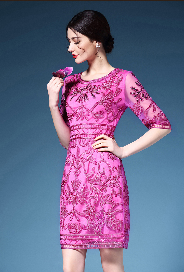 翠帛衣秀 盘花刺绣连衣裙春夏新款修身显瘦圆领包臀裙优雅女装cy6407