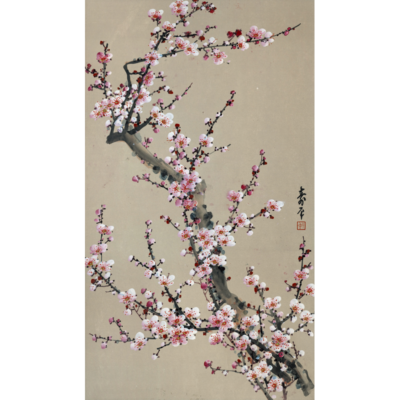 姿翰超高清微喷装饰画董寿平红梅图小幅立轴纸本写意花鸟画国画59x34