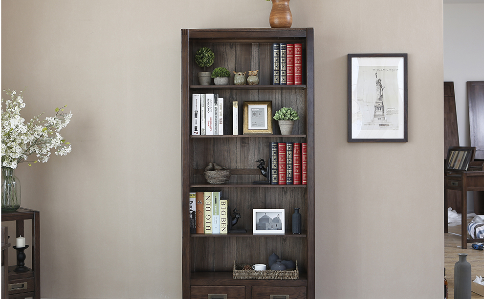 泽润木业橡木开放式无门带抽屉书柜黑胡桃色