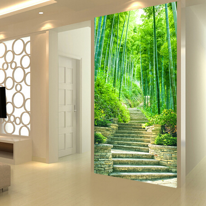 艺舍现代简约3d立体玄关墙纸大型壁画竹子树林风景走廊无缝壁纸背景墙