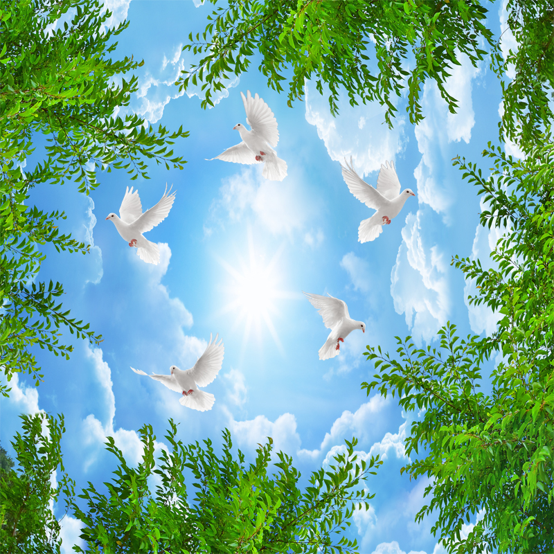 鸽子吊顶绿树叶天花板卧室客厅酒店墙纸无缝天空壁画主题宾馆墙画定制