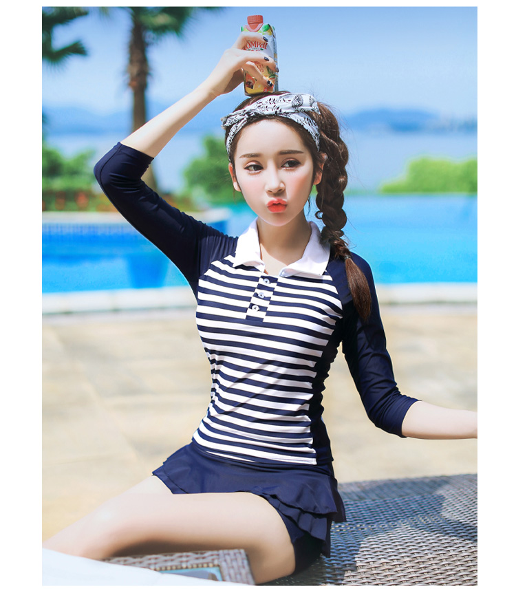奕格女士分体裙式两件套泳衣 时尚保守休闲度假游泳衣 藏蓝色 xl