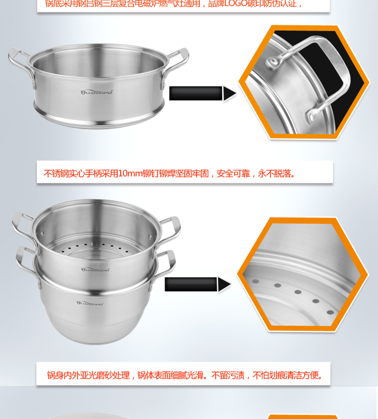 HUANXIPO 304不锈钢三层蒸锅26/28/30蒸笼 蒸屉 篦子加厚复底电磁炉通用 30cm蒸锅另外一个链接