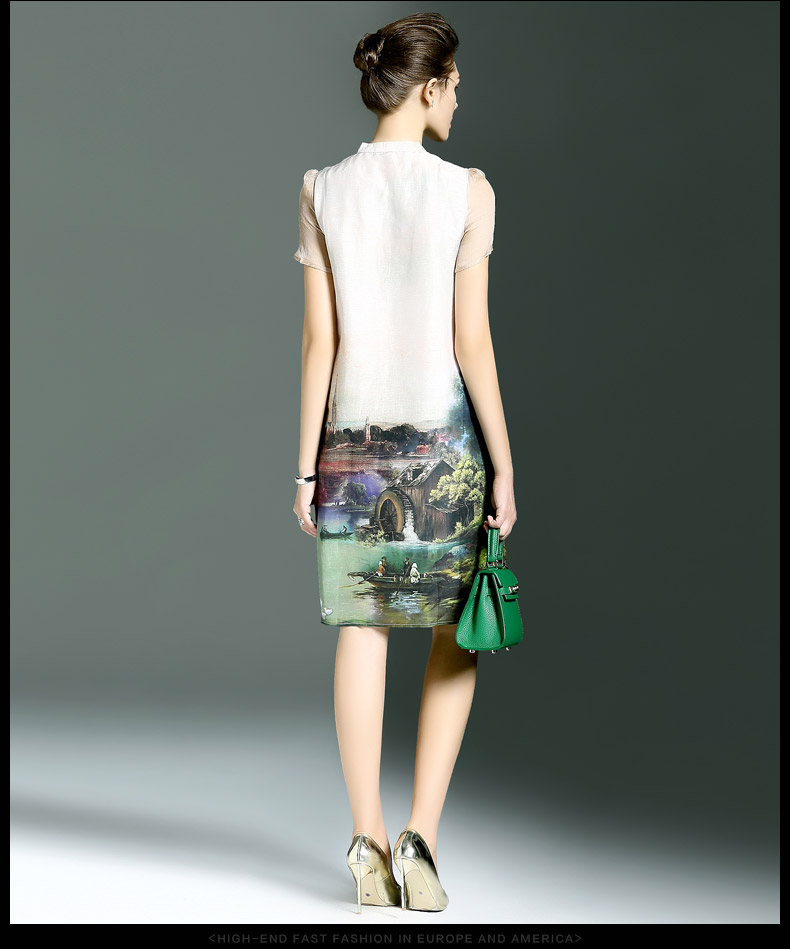 海青蓝2016夏装热卖时尚真丝印花不规则裙立领短袖气质连衣裙5028