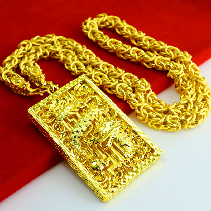 千影珠宝 金店同款黄色金项链男士仿金项链男款粗大重龙牌长方形金首
