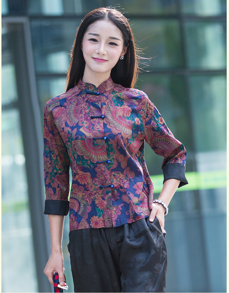 华族经典中式服装真丝唐装女旗袍上衣中国风民族风七分袖秋装日常花色