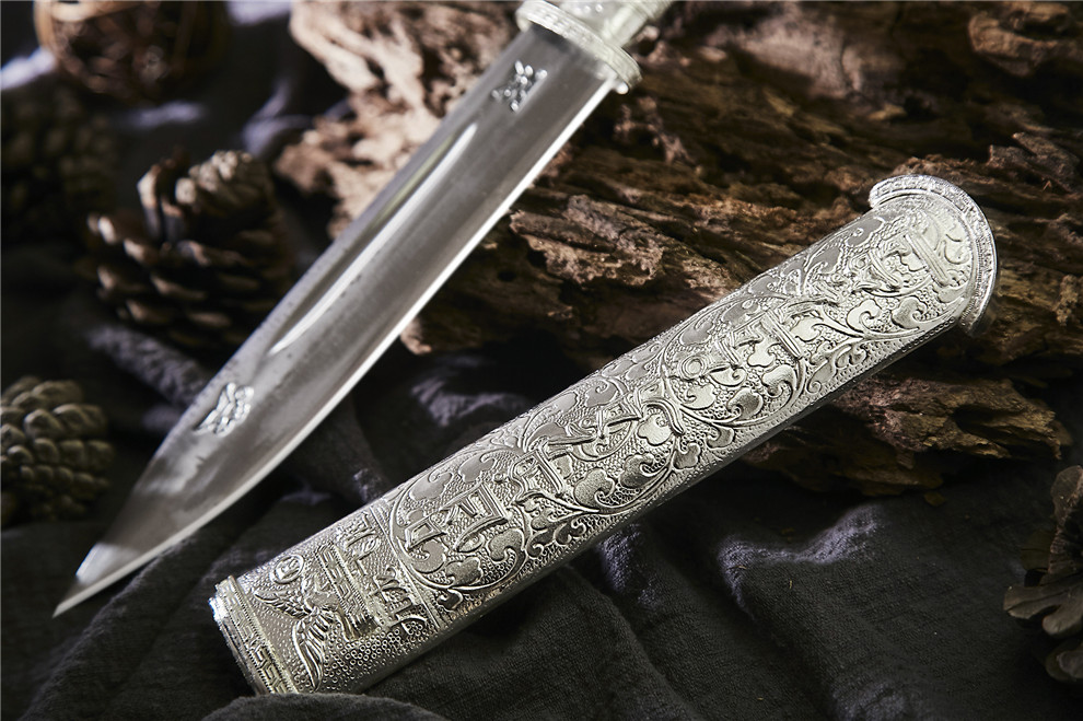 楚家刀九龙飞鹰系列降魔短刀经典直刀西藏手工小刀户外军刀白铜手柄