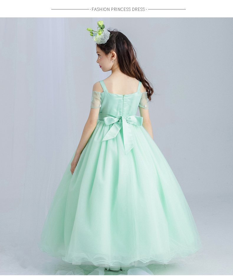 夏装网纱女童礼服裙公主裙短袖露肩儿童主持长裙花童婚礼裙蓬蓬裙