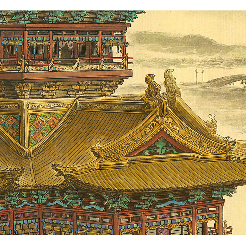 姿翰超高清微喷装饰画张孝友江楼夜月图仿古工笔楼阁画纸本103x84画芯