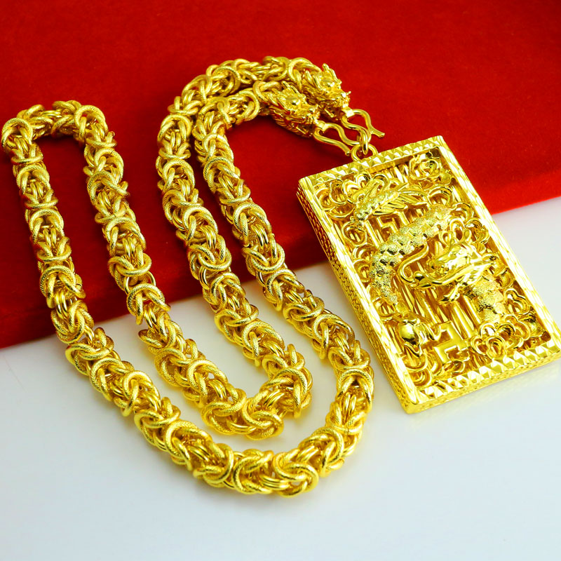 千影珠宝金店同款黄色金项链男士仿金项链男款粗大重龙牌长方形金首饰