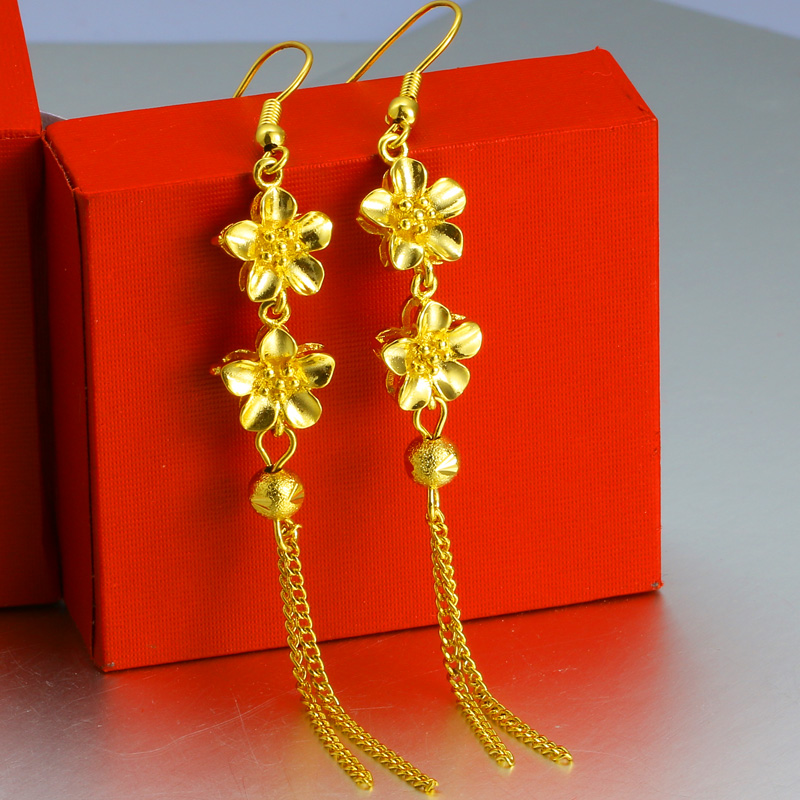 千影珠宝黄色金耳环女款流苏长款耳坠子花朵大耳吊新娘结婚首饰仿金
