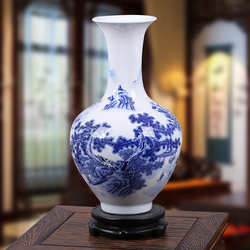 景德镇陶瓷器 新中式青花瓷花瓶 工艺品摆件装饰品 青花山水_ 7折现价