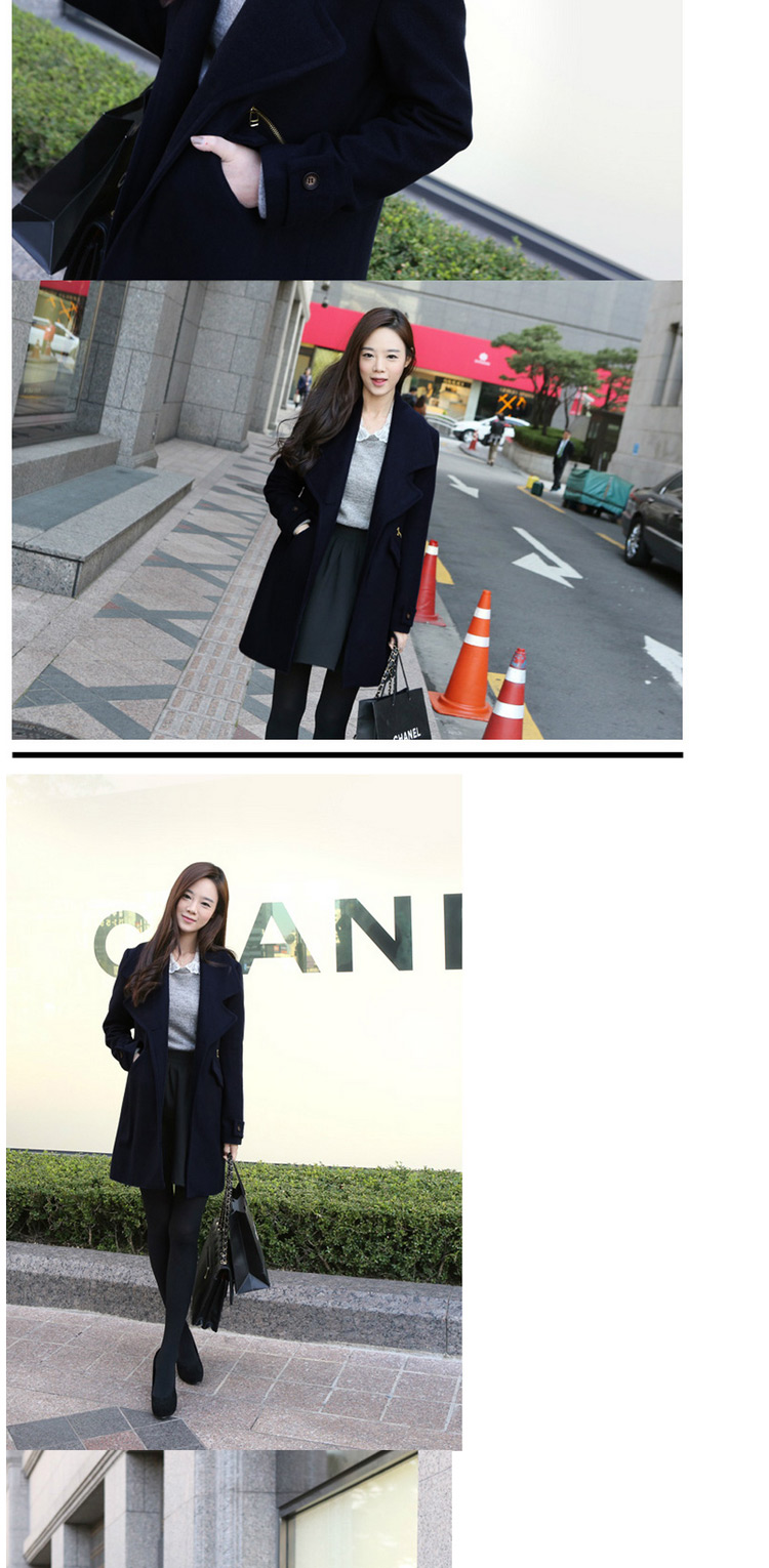 伊恋格2016春新款女装韩版时尚大码中长款毛呢大衣外套女 Y007 深蓝色  L