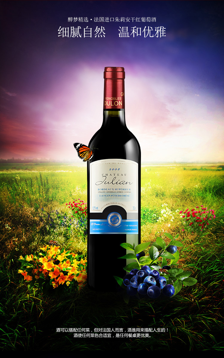 法国原瓶进口红酒 波尔多aoc朱莉安2008蓝标干红葡萄酒