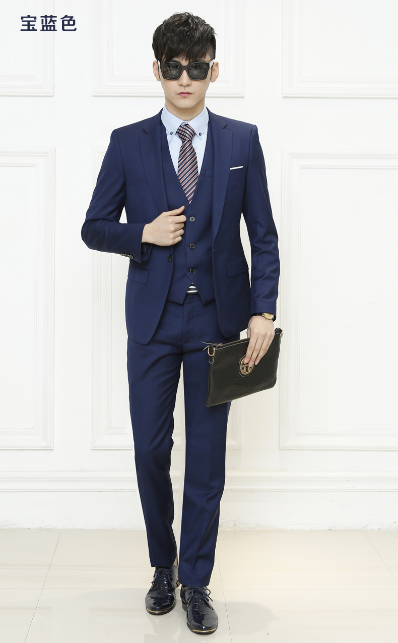 omax 西服套装男士春秋潮流修身三件套新郎婚礼服定制结婚伴郎团西装