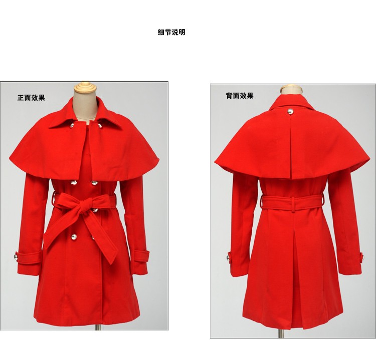 恋在七夕冬装冬季韩版 大码女装 时尚显瘦 斗篷外套 中长款 毛呢披肩双排扣大衣女 红色夹棉加厚款 S适合90-98斤左右人