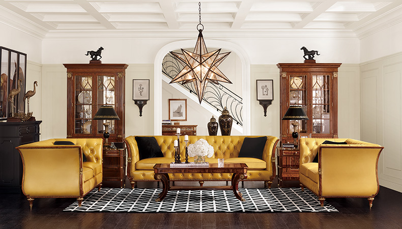 美克美家复兴映像美式实木皮艺大三人沙发11b5501u23130101 黄色