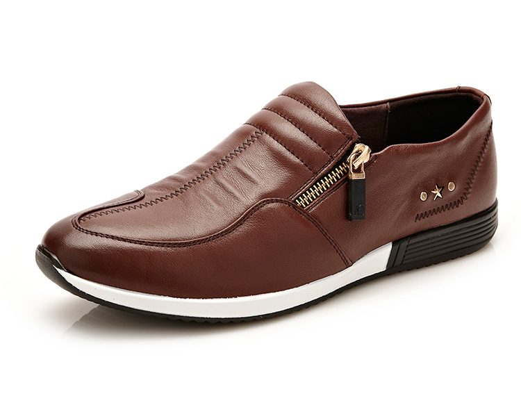 吉尔达男鞋真皮(头层牛皮)套脚透气平底软底软面u型头百搭黑色棕色