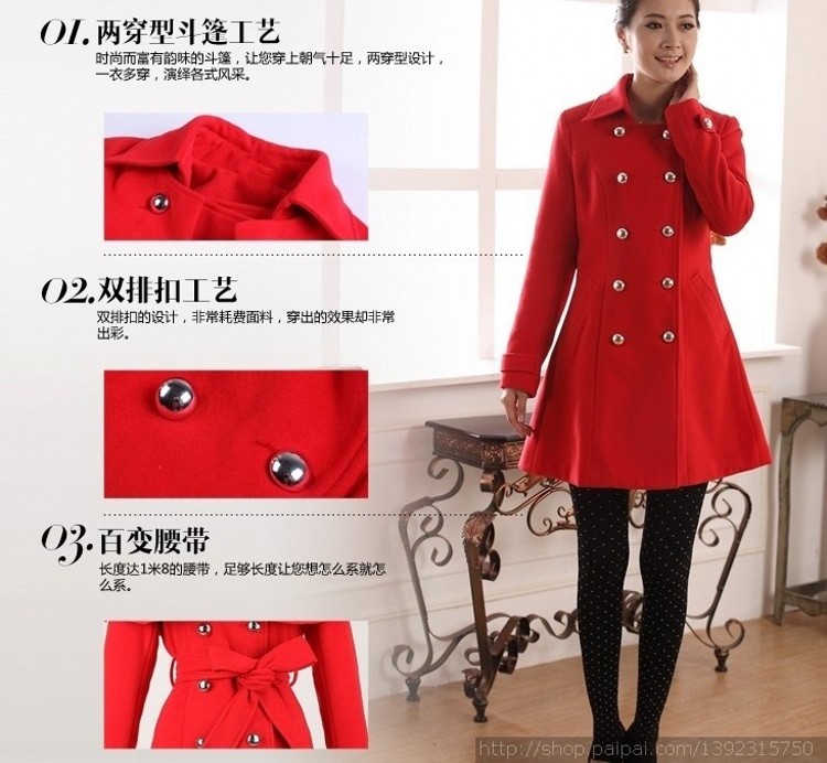 恋在七夕冬装冬季韩版 大码女装 时尚显瘦 斗篷外套 中长款 毛呢披肩双排扣大衣女 红色夹棉加厚款 S适合90-98斤左右人