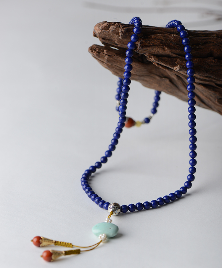 柏世传恒5a级青金石108佛珠配饰天然蜜蜡南红玛瑙圆珠绿松石背云