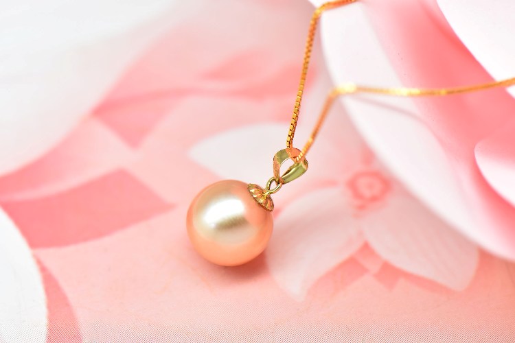 南珠世家滴水成珠粉色淡水珍珠吊坠黄18k金吊坠托 青春时尚颜色 10.
