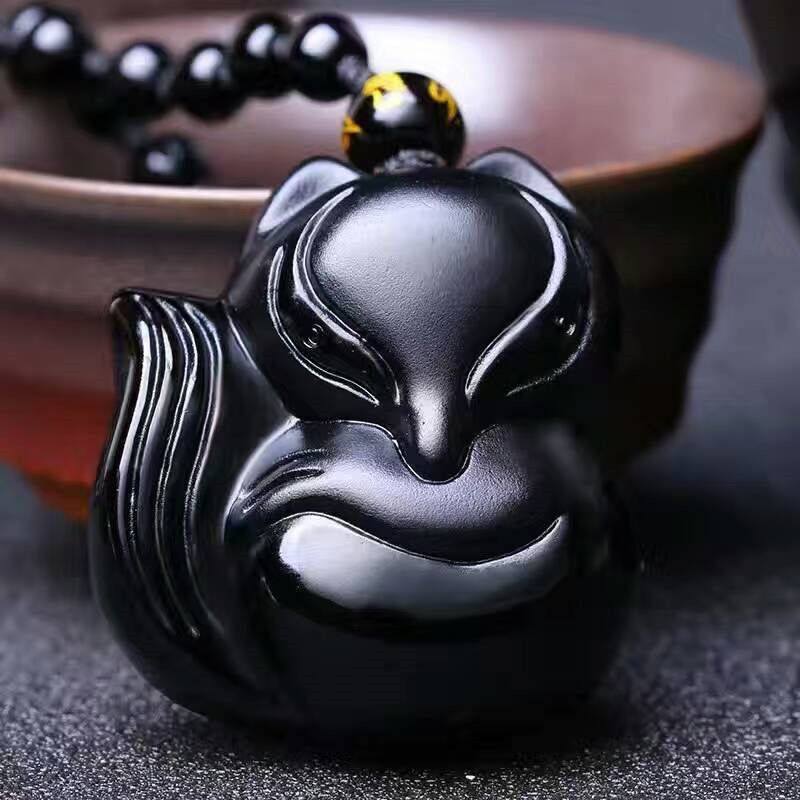 天然磨砂卡通黑曜石狐狸吊坠男女款项链饰品尺寸444015mm挂绳款