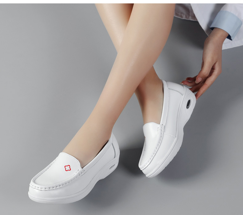 圣诗丹特真皮护士鞋 坡跟牛皮医务工作鞋 镂空休闲单鞋 厚底小白鞋中