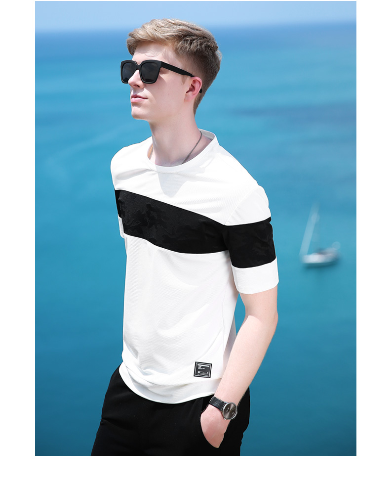 古克 黑白撞色拼接短袖圆领t恤男韩版修身打底衫夏季男装 黑色 xl
