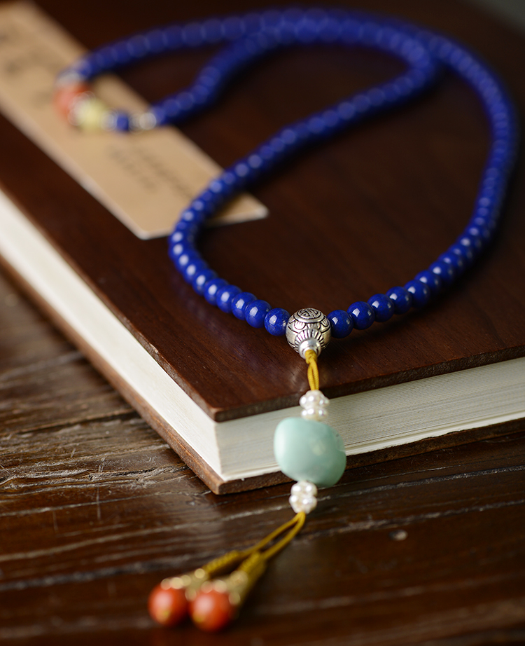 柏世传恒5a级青金石108佛珠配饰天然蜜蜡南红玛瑙圆珠绿松石背云