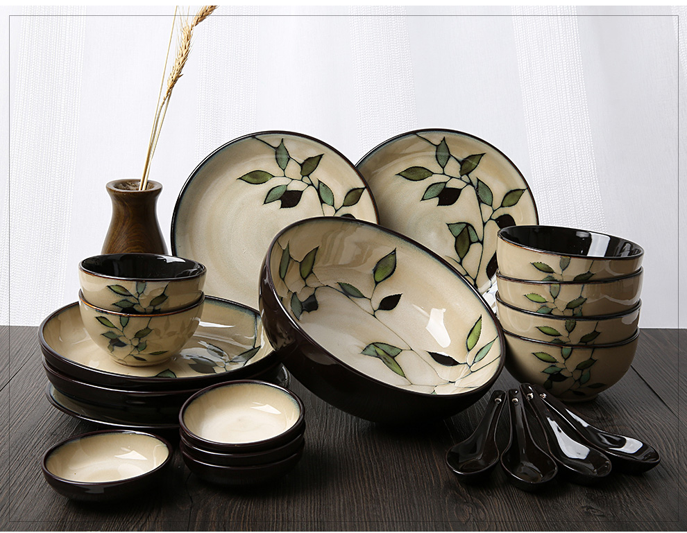 玉泉 韩式厨房陶瓷套件碟碗套装 餐具套装 竹叶-30件套装