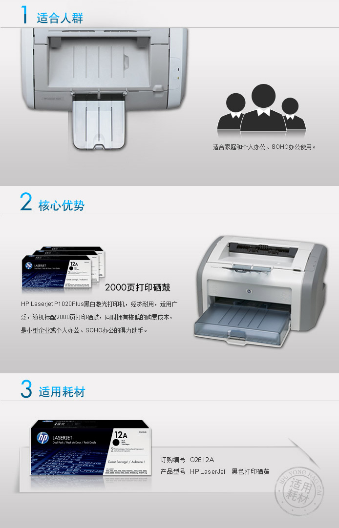 惠普(hp)laserjet 1020plus a4激光打印 鼓粉一体 黑白激光打印机