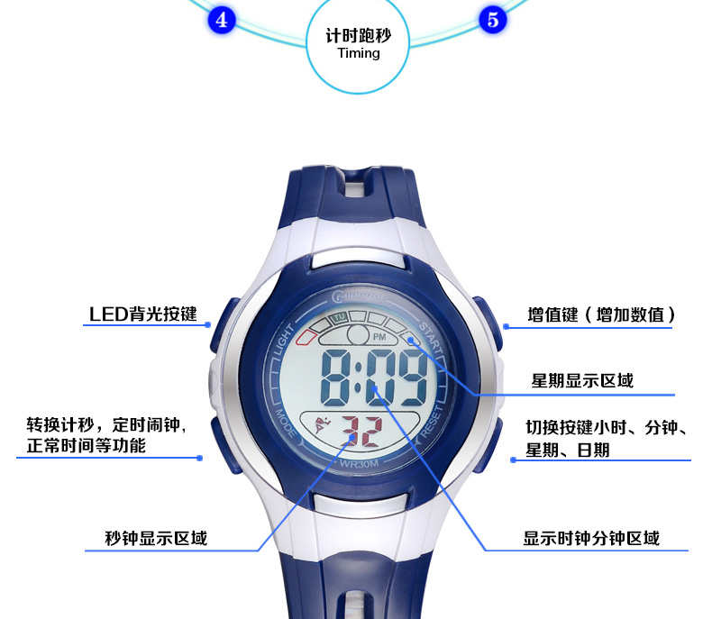 新品名瑞儿童手表防水夜光小学生电子表男孩可爱闹钟小孩手表男女童表