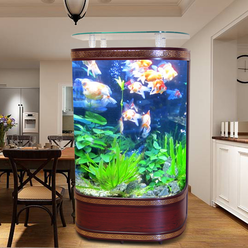 鱼缸双弧弯形鱼缸红木色中式生态鱼缸客厅家用免换水鱼缸金鱼缸水族箱