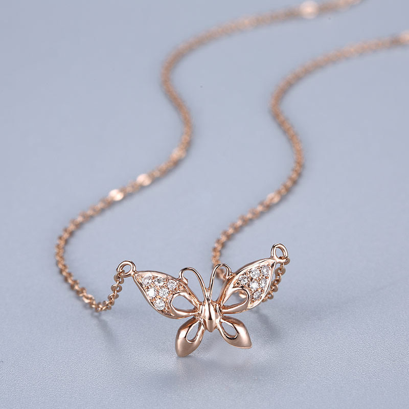 喜钻18k玫瑰金蝴蝶项链 钻石吊坠 钻石项链 蝴蝶-18k玫瑰金项链-j1